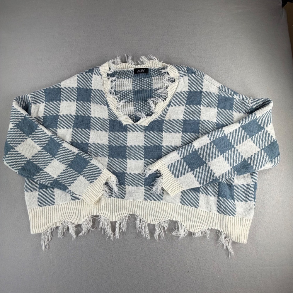 Just Polly Blue Checkered Distressed V-Neck Crop Sweater Grunge‎ Womens Large